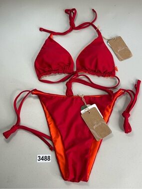Berlook Econyl Bikini Set Red Medium Reversible Halter Triangle Top Tie Bottom